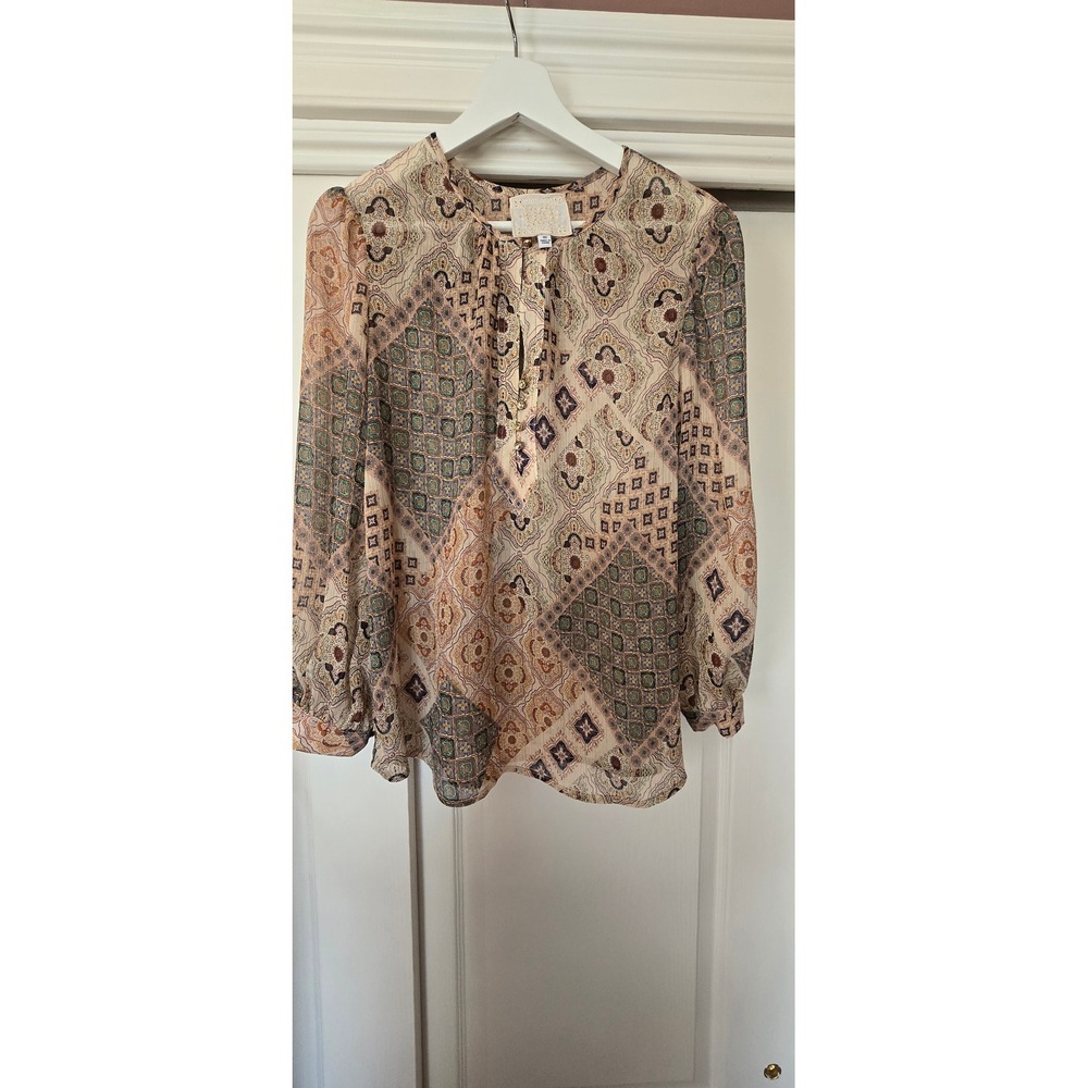 Johnny Was Jade Patchwork Paisley Metallic Stripe Blouse XS Beige Boho Top